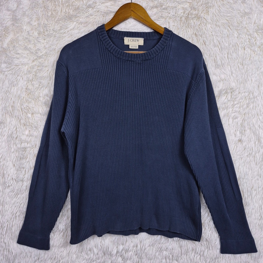 Vtg J.Crew Mens Large Navy Blue Ribbed Crew Neck Sweater Elbow Patches 90s Prep